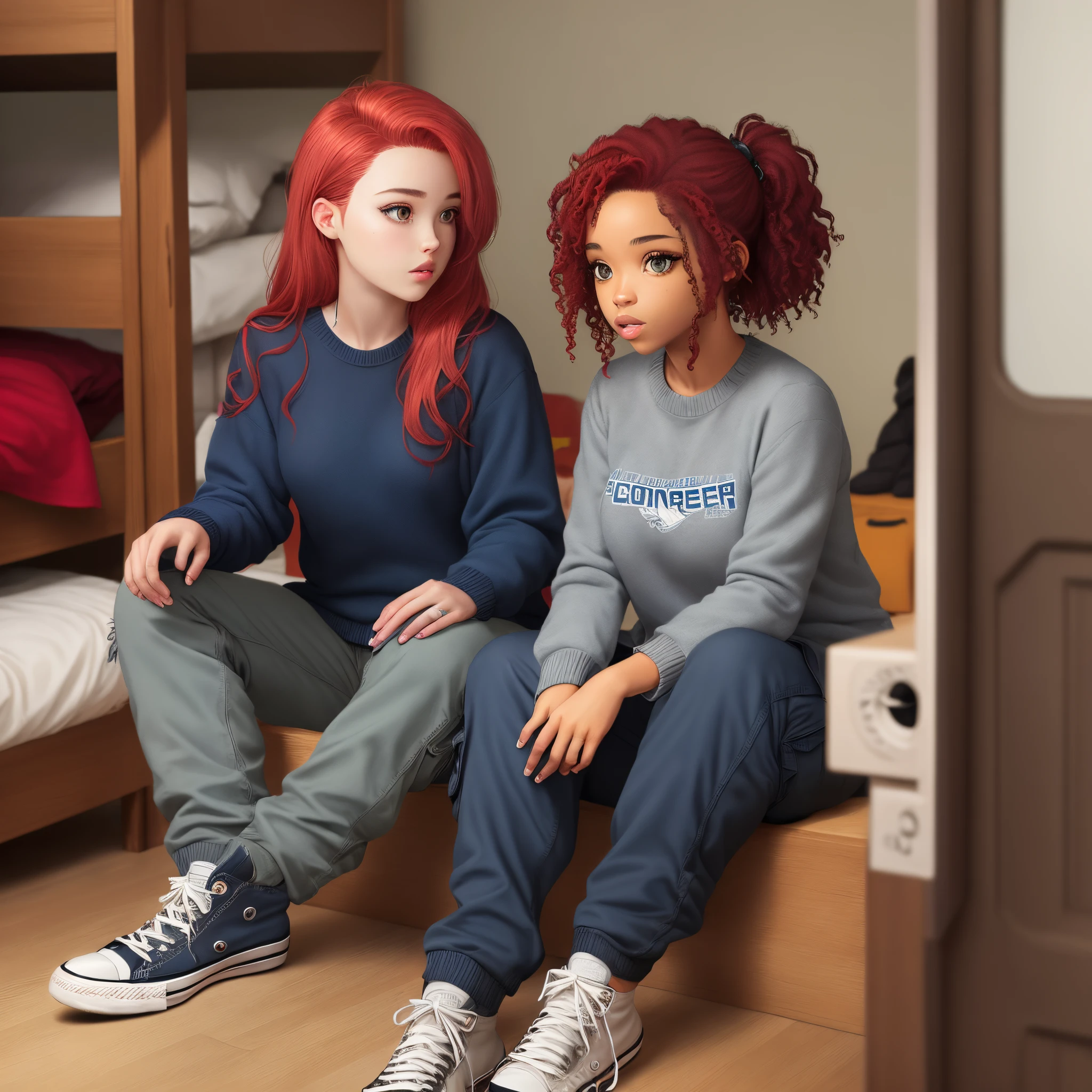 boondocks, women with dark red dyed hair and dark brown eyes, and black mascara and grey cargo pants and a dark blue american eagle sweater, and converse, in her room