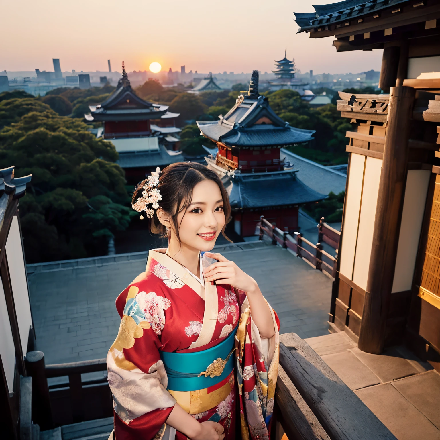 ((top-quality、masutepiece、8K、Top image quality、Very complex and detailed details、A depiction centered on one woman 、very vivid、a high chroma))、(magnificent dark sunset:1.5)、(1 photo:1.5)、(Take photos with the princess as the main character:1.5)、(A city with a princess nearby and depth in the background:1.5)、(1 photo:1.5)、((1 Princess、empress、Princess of the Heian period、chignon、Mainly female close-ups、Standing in a gorgeous city、Luxury Oiran Kimono、Gorgeous Oiran outfit))、(((Atmosphere of the Heian period、Beautiful Niwa-lacquered pillars、a gorgeous city、The most luxurious royal palace of the Heian period、A huge and majestic Niwa-lacquered building、Beautiful and perfect Heiankyo、beautiful and luxurious tiled roof、many luxurious buildings、Lots of buildings、Sparkling sunset、Beautiful sunset、Fantastic sunset、Spectacular sunset、Sparkling sunset、spectacular movie lighting、the most luxurious capital、luxurious and luxurious building、Complete reproduction of the splendid Heian capital、The perfect capital of Heiankyo、luxury city、Townscape of the Heian period、Perfect reproduction of Japan、Heian period)))、(View me、Look at viewers、A smile)