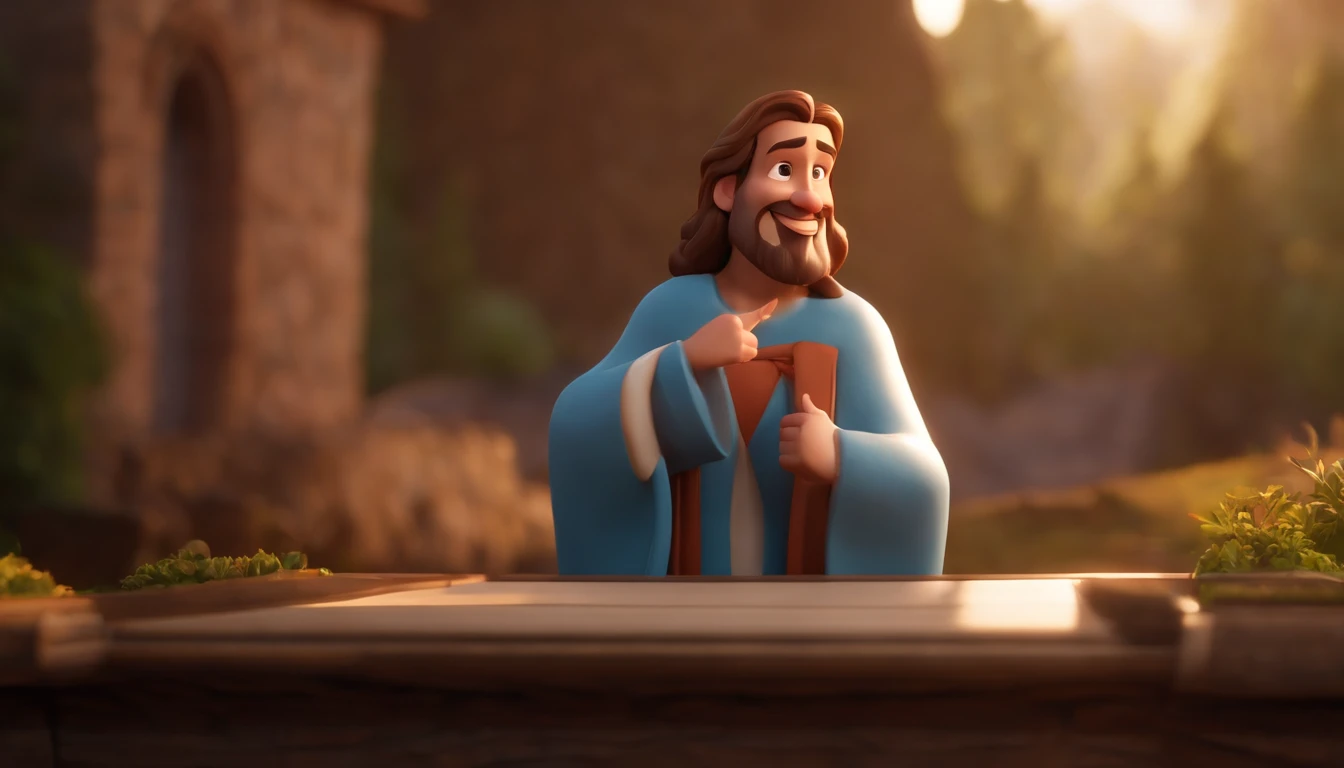 a cartoon jesus welcoming a man into heaven animated film, 3 d animated movie, animated still, animated movie, inspired by Johannes Helgeson, jesus wasted at a party, animation film, animated film still, rendered in corona, epic illumination, 3 d animated, 3d animated, he is greeting you warmly Caractere estilizado, animation style rendering, 3D estilizado, Arnold Maya render, 3 d render stylized, toon render keyshot, Personagem 3D, Personagem 3D, 3d rendering stylized, 3 d character render, personagem de desenho animado, Personagem de close up, Pose de personagem,  (Estilo Pixar) (master part:1.2) (Bokeh) (best quality) (pele detalhada) (textura detalhada) (8k) (argila) (Cinematic lighting) (foco nítido