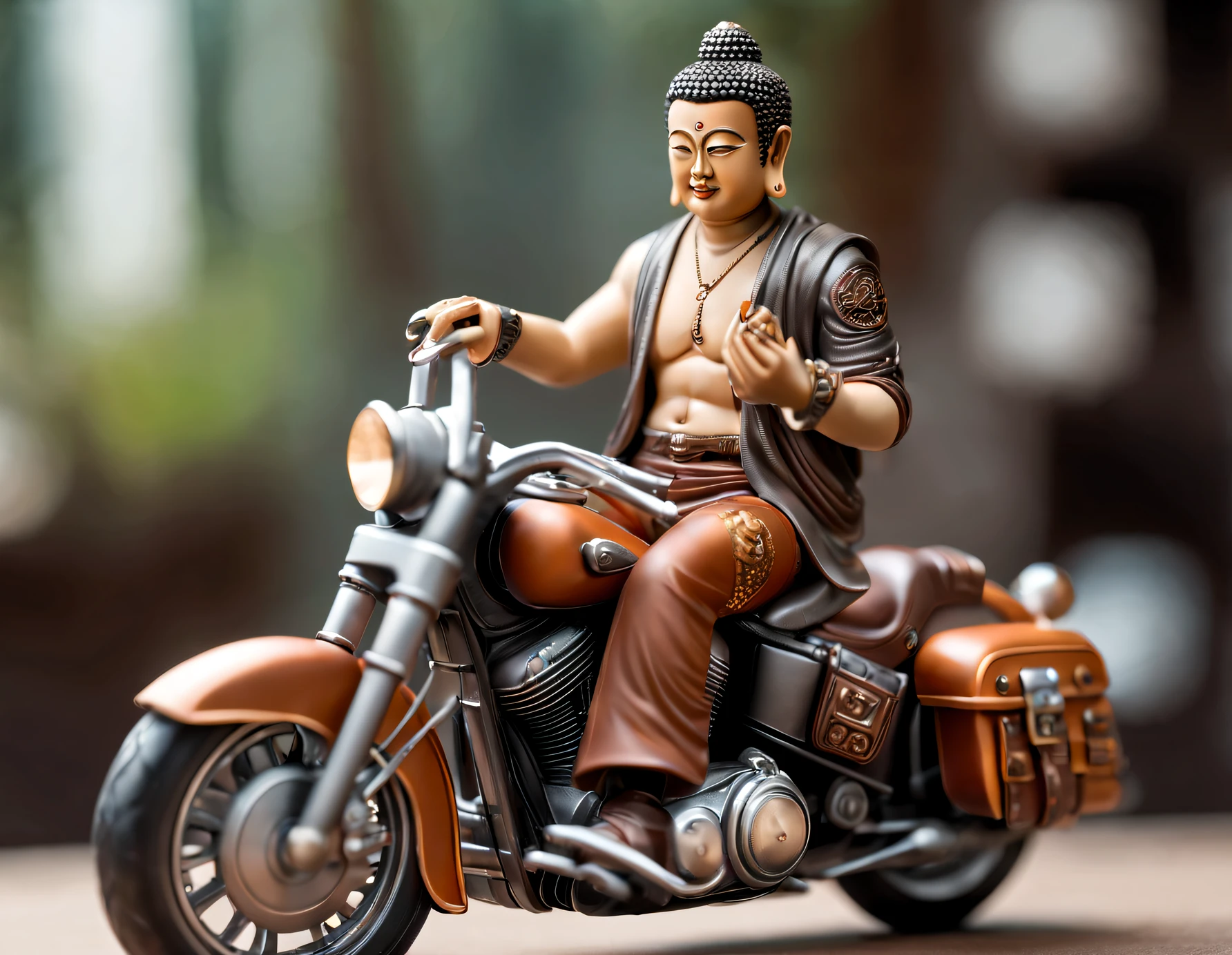 Buddha riding a Harley, Side angle,Blind box toy style, male people, lightand shade contrast, 电影灯光, Perspectives, closeup cleavage, hyper HD, high detal, Anatomically correct, retinas