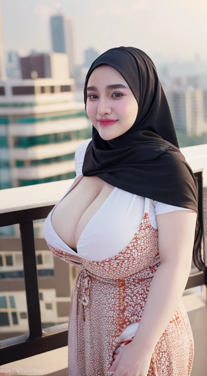 woman wearing a hijab, beautiful face, curvy body, bbw body, wearing a long dress, has big breasts, free pose, city background, sweet smile, super detailed 8k HD quality, very realistic quality, detailed body details.