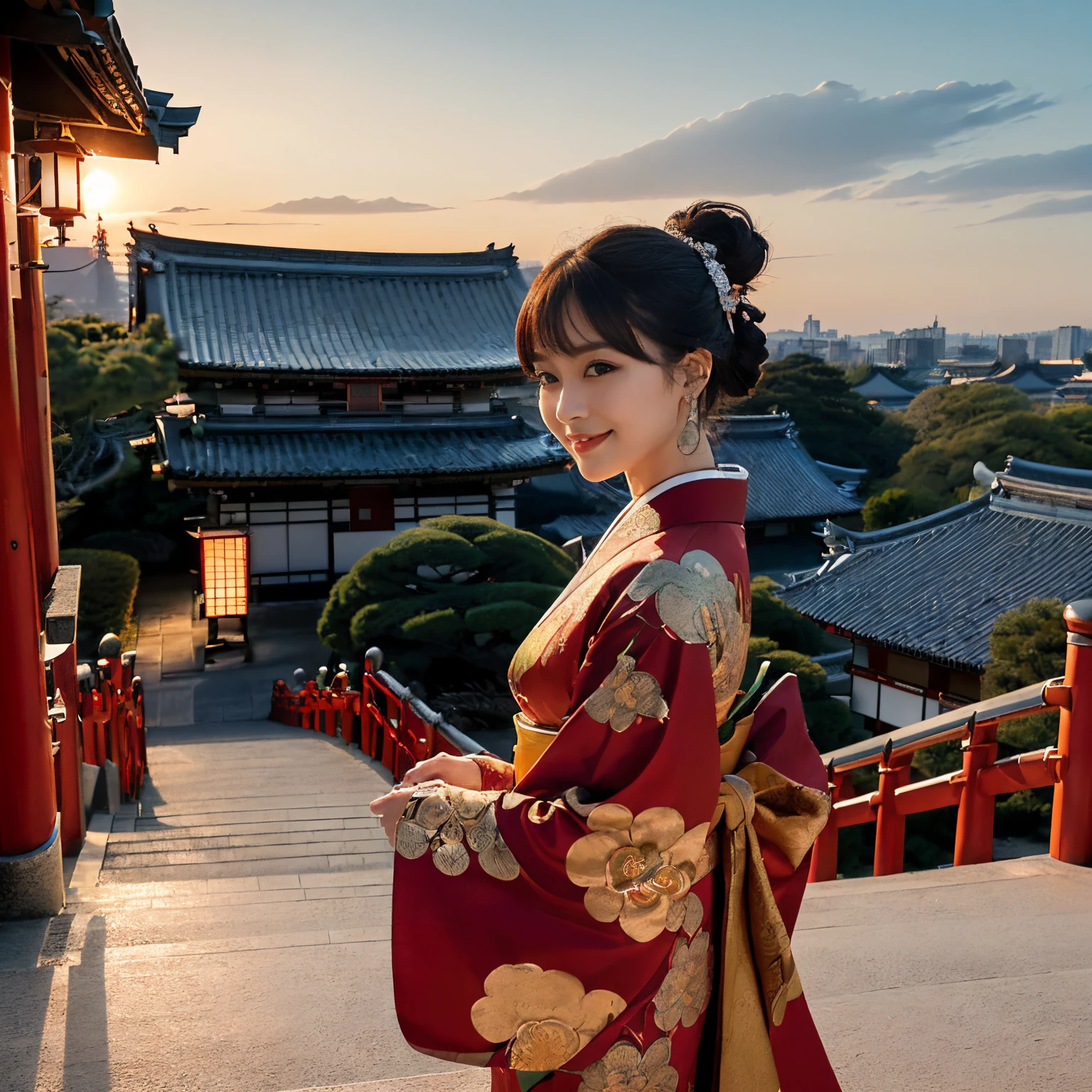 ((top-quality、masutepiece、8K、Top image quality、Very complex and detailed details、A depiction centered on one woman 、very vivid、a high chroma))、(magnificent dark sunset:1.5)、(1 photo:1.5)、(Take photos with the princess as the main character:1.5)、(A city with a princess nearby and depth in the background:1.5)、(1 photo:1.5)、((1 Princess、empress、Princess of the Heian period、chignon、Mainly female close-ups、Standing in a gorgeous city、Luxury Oiran Kimono、Gorgeous Oiran outfit))、(((Atmosphere of the Heian period、Beautiful Niwa-lacquered pillars、a gorgeous city、The most luxurious royal palace of the Heian period、A huge and majestic Niwa-lacquered building、Beautiful and perfect Heiankyo、beautiful and luxurious tiled roof、many luxurious buildings、Lots of buildings、Sparkling sunset、Beautiful sunset、Fantastic sunset、Spectacular sunset、Sparkling sunset、spectacular movie lighting、the most luxurious capital、luxurious and luxurious building、Complete reproduction of the splendid Heian capital、The perfect capital of Heiankyo、luxury city、Townscape of the Heian period、Perfect reproduction of Japan、Heian period)))、(View me、Look at viewers、A smile)
