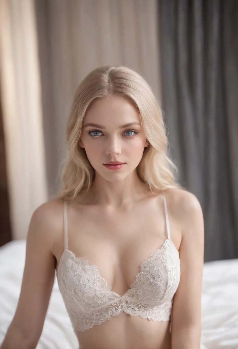 Thin woman fully, sexy girl with blue eyes, ultra realistic, meticulously detailed, blonde hair, full shot of a young woman, bedroom, natural makeup, sexy corsette and lace and lingerie, looking directly at the camera, face with artgram, stunning full body, laying in bed, small size bust; normal butt. Showing off the breasts, full shot