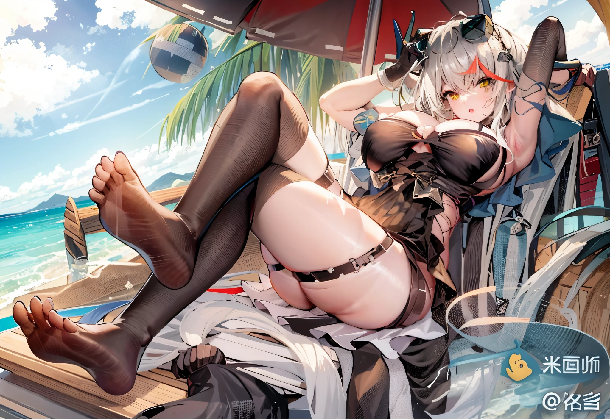 Anime girl lying on a beach chair holding an umbrella, azur lane style, Translucent fluid flowing from the《Azure route》videogame, Fleet collection style, Detailed pubic hair. Girl Front, from the girl, Popular topics on cgstation, 《Azure route》The character, Pixiv has the highest rating, relaxing at the beach, on a sunny beach, splash ink art anime 
