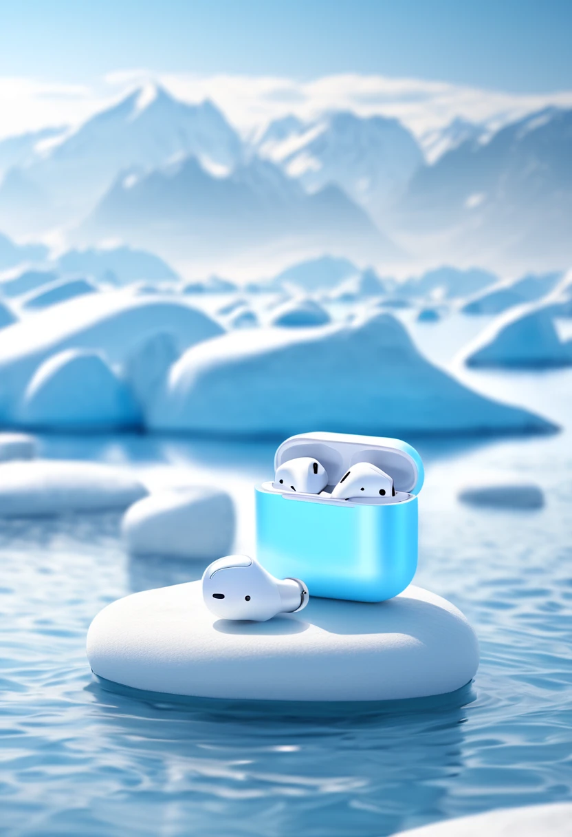Antarctic background, minimalist style, low saturation light blue and white, dreamlike atmosphere, a pair of airpods on a huge pebble disk, undulating water, extremely beautiful light and shadow, mountains rolling in the distance,