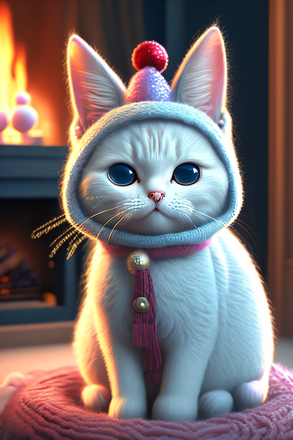 pussycat，On the sofa，Ball of yarn，CG，high qulity，burning fireplace，Christmas tree，carpets