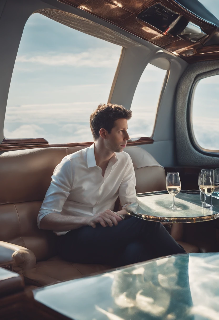 A video of Sam Altman in a private jet, sipping champagne and looking at a holographic projection of AGI blueprints,original,Sam Altman