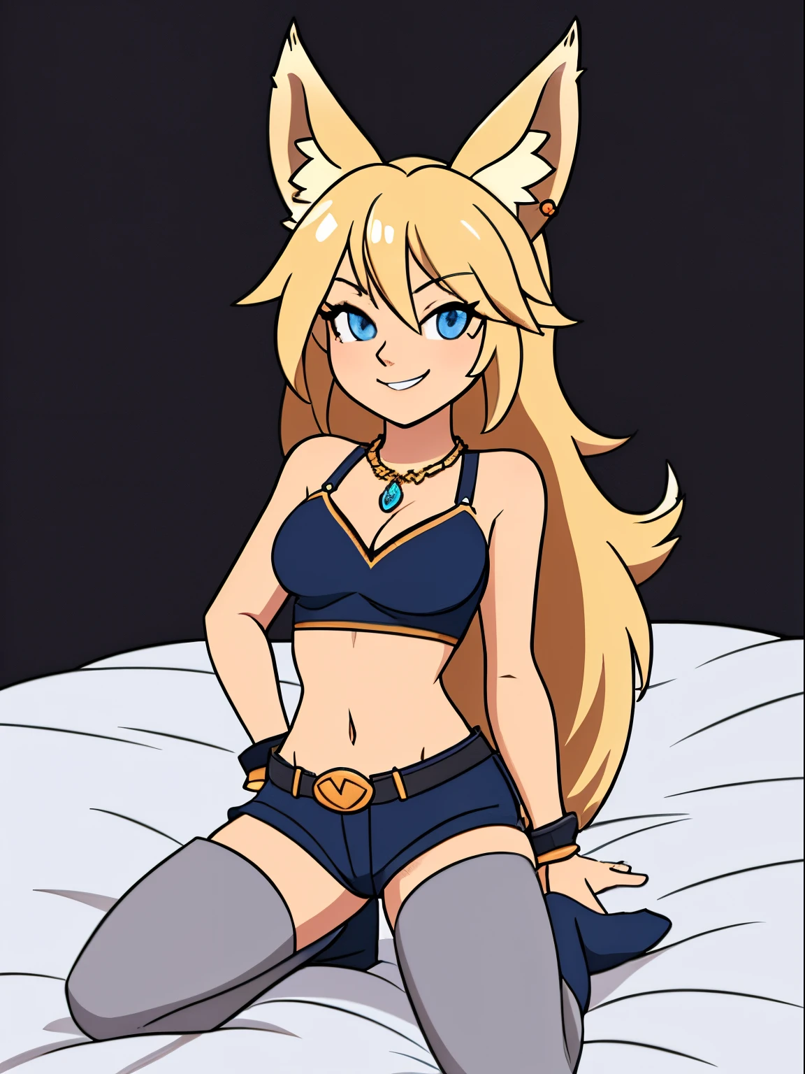 Blonde hair, blue eyes, 1girl, medium breasts, jewelry, long hair, necklace, solo, hair ornament, cleavage, sidelocks, bare shoulders, cloudy night, (dirty blond Fox ears:1.25), revealing clothes, crop top armor, short shorts armor, hair clip, bracelet, looking at viewer, (action shot, kneeling on a bed: 1.25) (narrow hips & waist), simple background, mischievous face, shy smile,