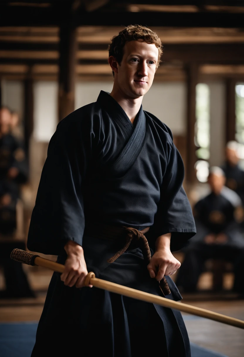 A photo of Mark Zuckerberg in a kendo dojo, wearing traditional kendo armor and holding a bamboo sword with a focused expression on his face.,original,Zuckerberg maintains a notably consistent personal style, famously known for his simple gray t-shirts and hoodies, which reflect his utilitarian approach to life and work. He has a youthful, clean-cut look with short, curly hair and typically wears jeans or casual trousers, projecting an image of approachability that aligns with the casual culture of Silicon Valley.