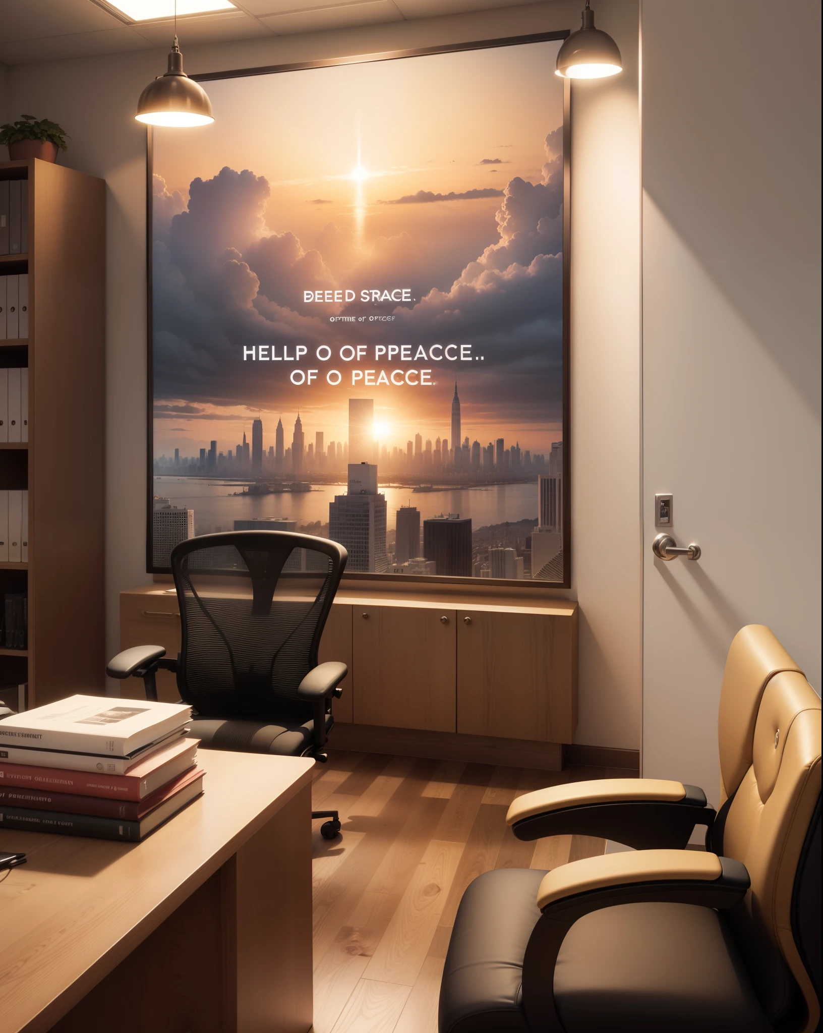 Help me generate an office picture,A picture with the words "Blessed State, City of Peace" is hung in the office.