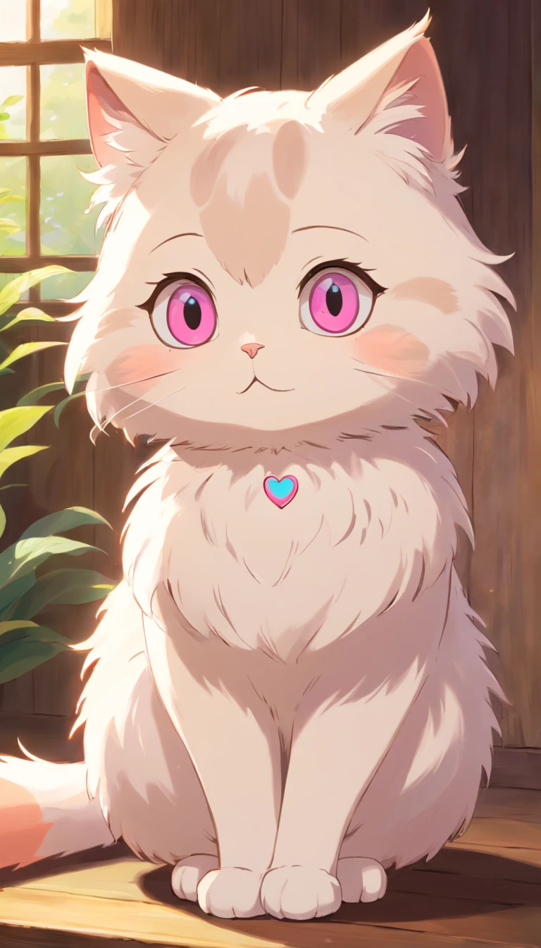 a cute little cat、Big eyes,I'm a little hung up、white colors、thick fur、Simple backgrounds,Only one color available、A pink heart is drawn on the cheek、Laughing