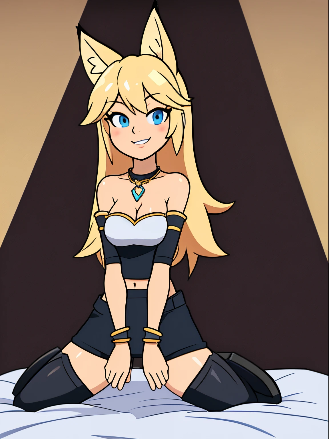 Blonde hair, blue eyes, 1girl, medium breasts, jewelry, long hair, necklace, solo, hair ornament, cleavage, sidelocks, bare shoulders, cloudy night, (dirty blond Fox ears:1.25), revealing clothes, crop top armor, short shorts armor, hair clip, bracelet, looking at viewer, (action shot, kneeling on a bed: 1.25) (narrow hips & waist), simple background, mischievous face, shy smile,