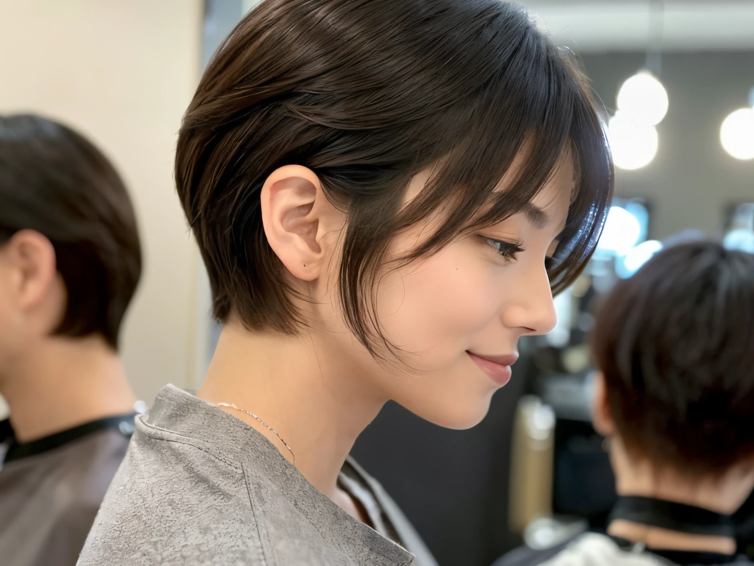 Top quality, 1 beautiful woman, super short Hair, Giddy Smile, wearing Shirt,Profile