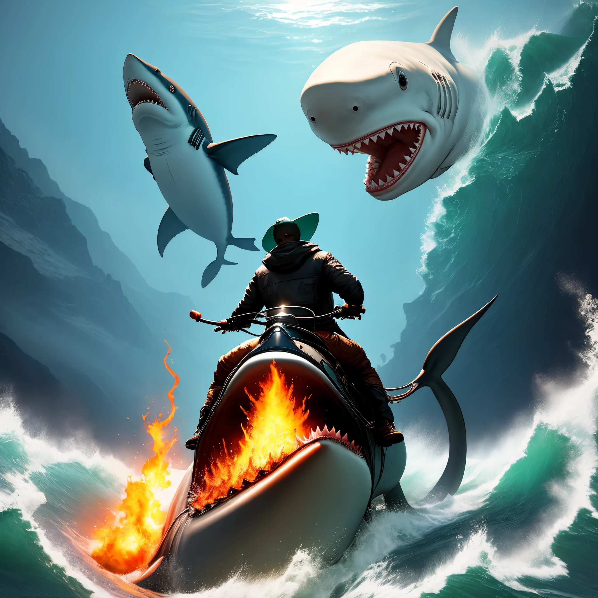 cartoon illustration of a man and woman in a life jacket standing on a raft with a shark and a shark, sea enemies, top boat racing simulator, raft gameplay, joe biden sharkman, epic splash cover art, epic art style, ark survival, 3 d icon for mobile game, water fists of fury, realism in style of fornite game, on the ocean --auto --s2