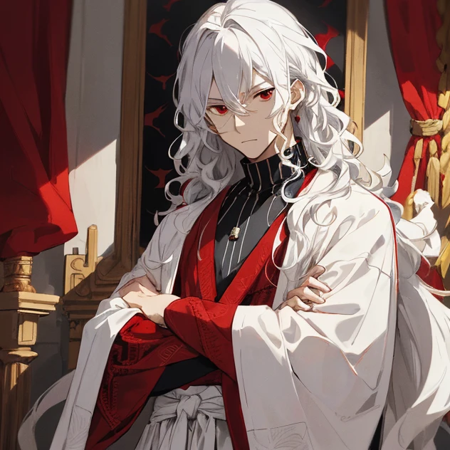 (masterpiece, best quality, high quality), 1boy, 1guy, ((unimpressed)), sitting, looking at viewer, white hair, (long hair, disheveled hair), red eyes, :(, flowing hair, curly and wavy hair, wearing a red gemstone pendant, wearing a simple white robe, full sleeve robe, robe has a white turtleneck collar with black patterns on it, red and black tshirt under robe, white robe over red and black tshirt, patterned tshirt, royal silk robe, intricate patterns on robe, stylish male robe, long silk pants, young age, staring at viewer. Crossed arms