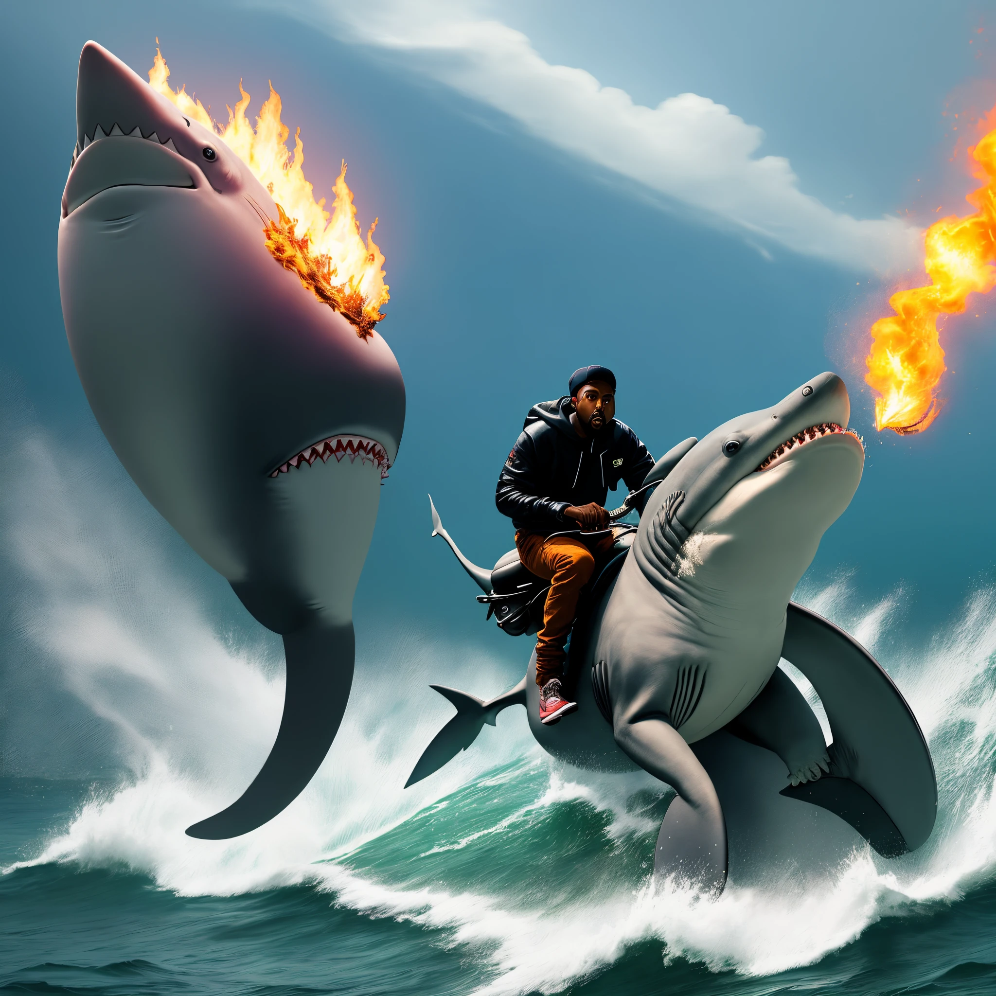 Kanye west riding a shark on fire