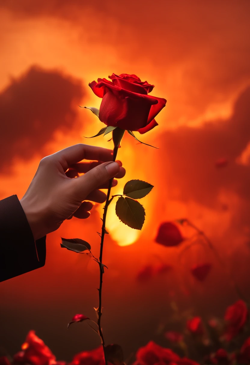 Creative photography, advertising film, in the beautiful orange sunset sky, a hand holding a red rose, a red rose is burning, there is smoke, broken rose petals falling, high quality, depth of field, the sense of authenticity, by Hasselblad,