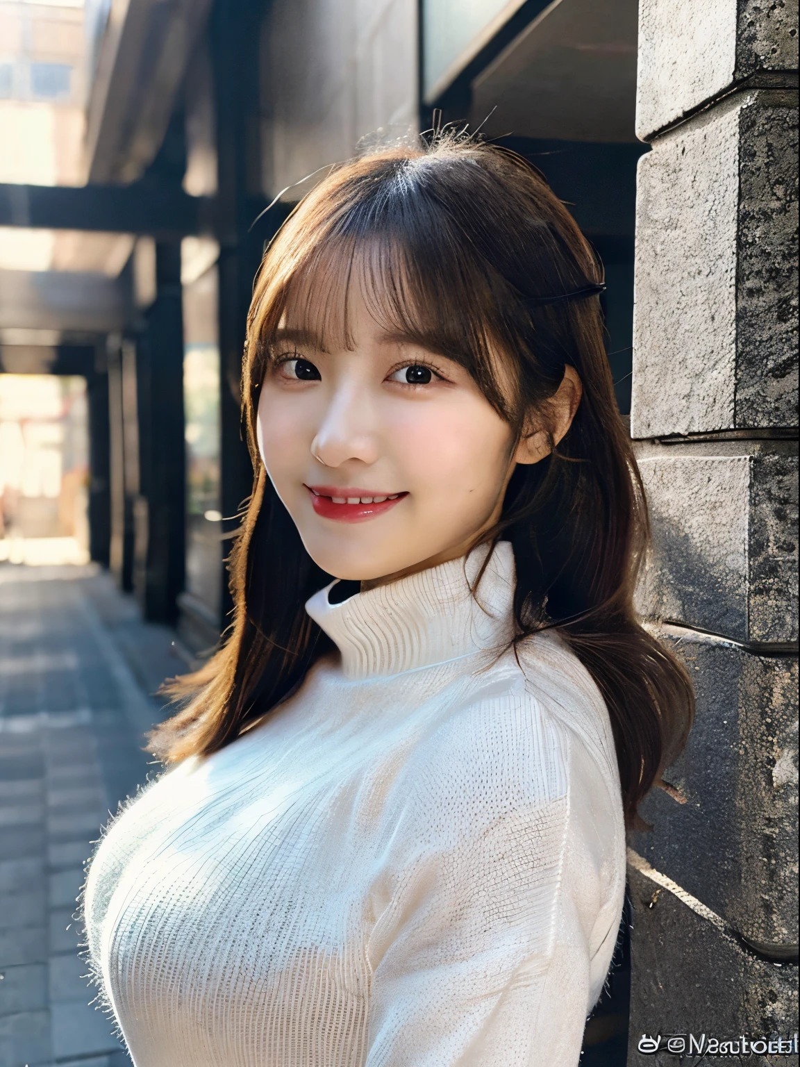 Greet with a great smile,爆乳,Short stature× babyface,Colossal tits :1.15,Best Quality,,Anatomically correct,Cinematic lighting,textured white skin,Twin tail hair,masutepiece,Solo,One lady,Best Quality,Realistic, Ultra-detailed,Brown eyes, dynamic light and shadow, High resolution, Sharp Focus, Realistic pupils,beauty detailed eye,Twinkle Eyes,Sweat,Tight turtleneck sweater,Very short miniskirt,In front of the entrance,