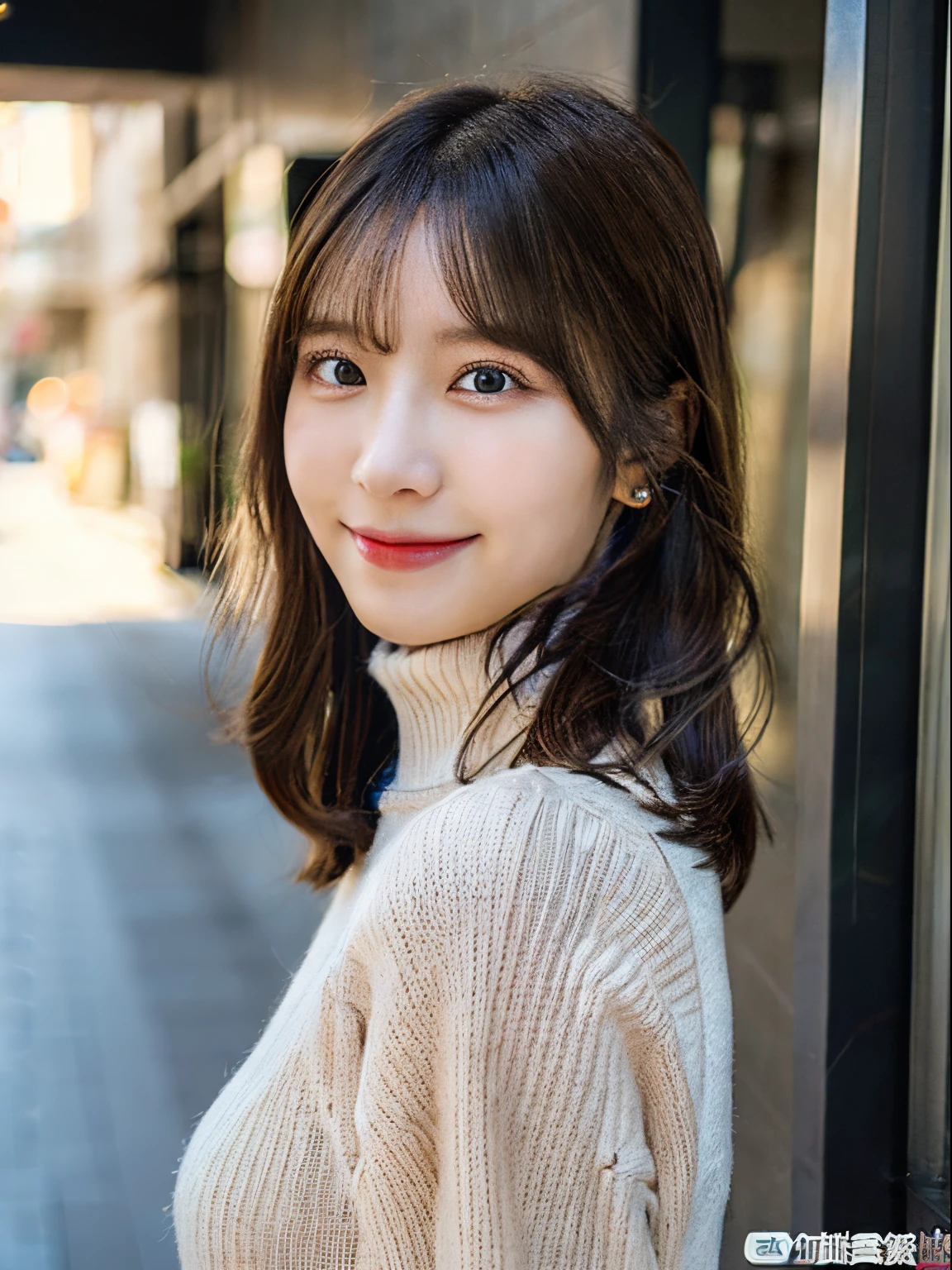 Greet with a great smile,爆乳,Short stature× babyface,Colossal tits :1.15,Best Quality,,Anatomically correct,Cinematic lighting,textured white skin,Twin tail hair,masutepiece,Solo,One lady,Best Quality,Realistic, Ultra-detailed,Brown eyes, dynamic light and shadow, High resolution, Sharp Focus, Realistic pupils,beauty detailed eye,Twinkle Eyes,Sweat,Tight turtleneck sweater,Very short miniskirt,In front of the entrance,