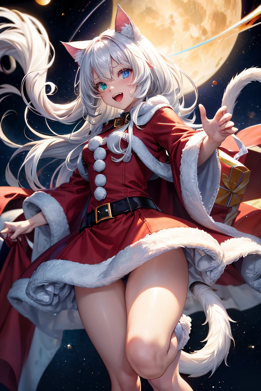 Top quality, high resolution, perfect human structure, background focus, front view, seven-color hair, glowing hair, cat ears, heterochromia, teeth, shiny hair, Santa costume, gradient eyes, space