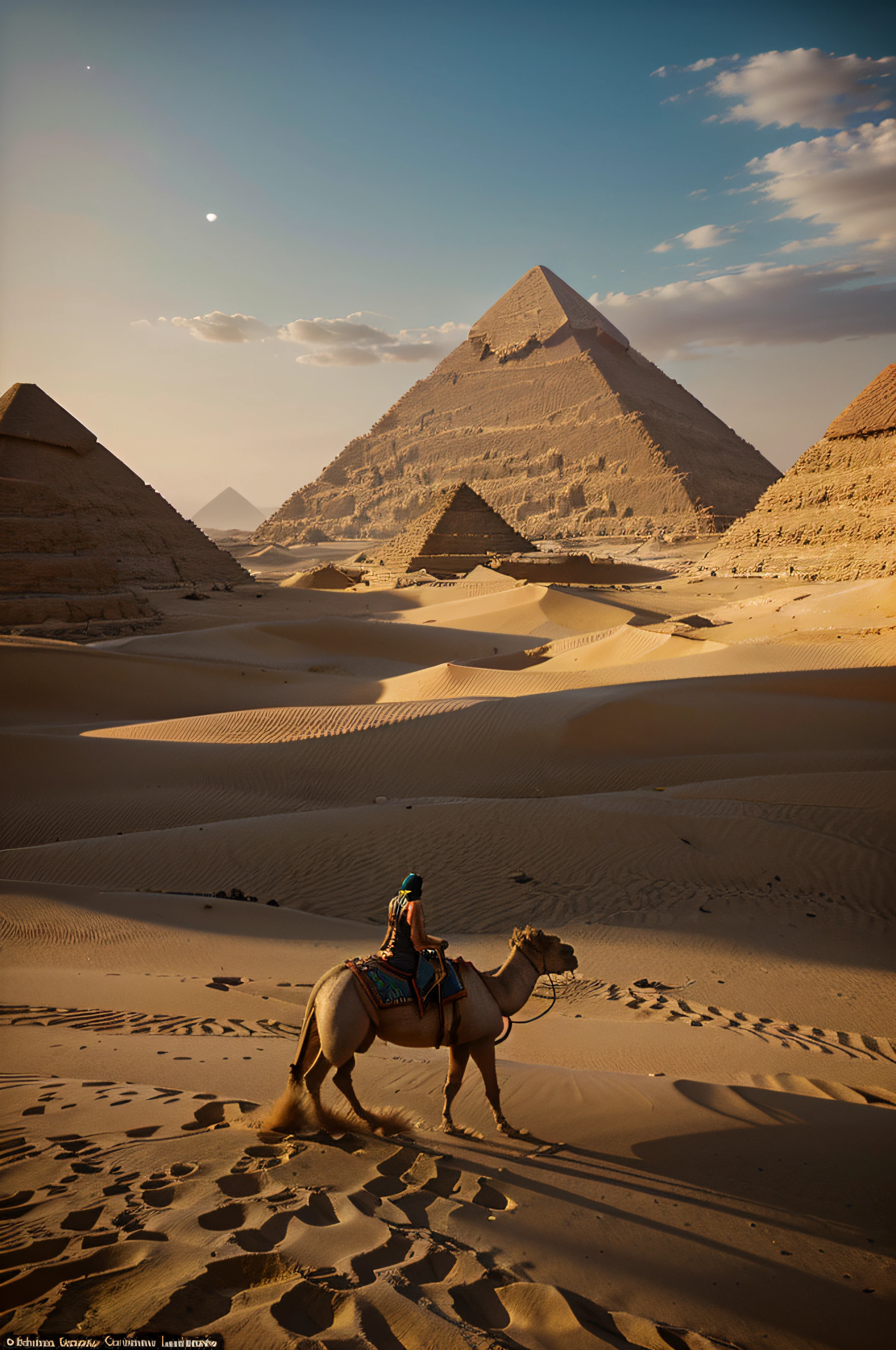 Woman with red hair and soft face stand by pyramid turned into a giant taller than pyramids, shrunken people, bloded belly ( Breast)