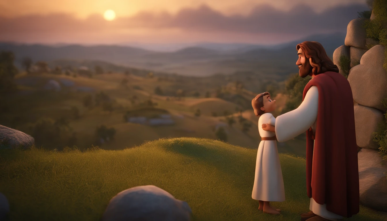 a cartoon jesus hugging and welcoming a man into heaven animated film, 3 d animated movie, animated still, animated movie, inspired by Johannes Helgeson, jesus wasted at a party, animation film, animated film still, rendered in corona, epic illumination, 3 d animated, 3d animated, he is greeting you warmly Caractere estilizado, animation style rendering, 3D estilizado, Arnold Maya render, 3 d render stylized, toon render keyshot, Personagem 3D, Personagem 3D, 3d rendering stylized, 3 d character render, personagem de desenho animado, Personagem de close up, Pose de personagem, (Estilo Pixar) (master part:1.2) (Bokeh) (best quality) (pele detalhada) (textura detalhada) (8k) (argila) (Cinematic lighting) (foco nítido