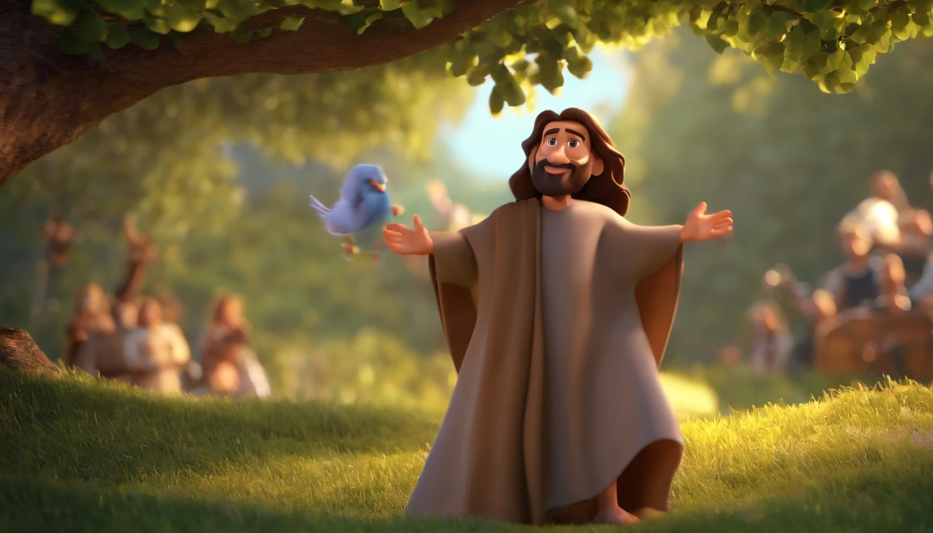 a cartoon jesus hugging and welcoming a man into heaven animated film, 3 d animated movie, animated still, animated movie, inspired by Johannes Helgeson, jesus wasted at a party, animation film, animated film still, rendered in corona, epic illumination, 3 d animated, 3d animated, he is greeting you warmly Caractere estilizado, animation style rendering, 3D estilizado, Arnold Maya render, 3 d render stylized, toon render keyshot, Personagem 3D, Personagem 3D, 3d rendering stylized, 3 d character render, personagem de desenho animado, Personagem de close up, Pose de personagem, (Estilo Pixar) (master part:1.2) (Bokeh) (best quality) (pele detalhada) (textura detalhada) (8k) (argila) (Cinematic lighting) (foco nítido