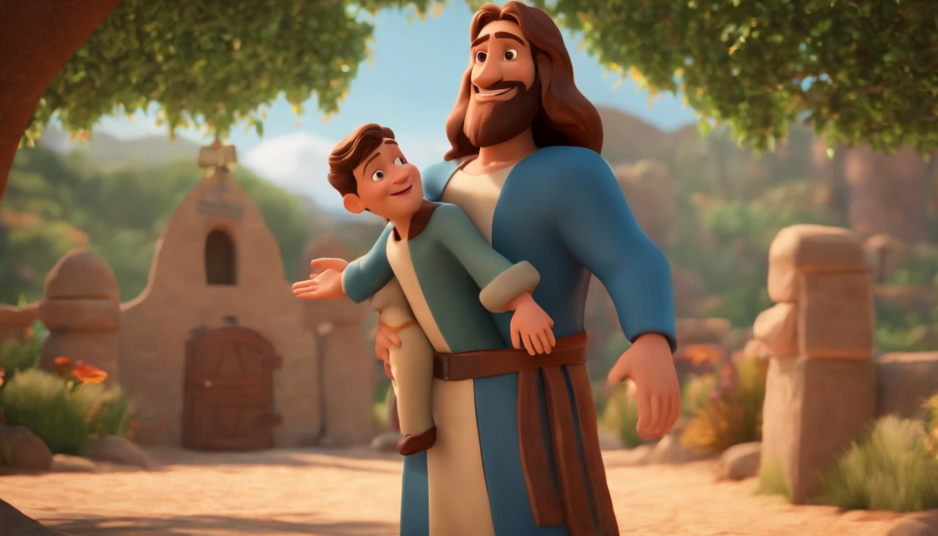 a cartoon jesus hugging and welcoming a man into heaven animated film, 3 d animated movie, animated still, animated movie, inspired by Johannes Helgeson, jesus wasted at a party, animation film, animated film still, rendered in corona, epic illumination, 3 d animated, 3d animated, he is greeting you warmly Caractere estilizado, animation style rendering, 3D estilizado, Arnold Maya render, 3 d render stylized, toon render keyshot, Personagem 3D, Personagem 3D, 3d rendering stylized, 3 d character render, personagem de desenho animado, Personagem de close up, Pose de personagem,  (Estilo Pixar) (master part:1.2) (Bokeh) (best quality) (pele detalhada) (textura detalhada) (8k) (argila) (Cinematic lighting) (foco nítido