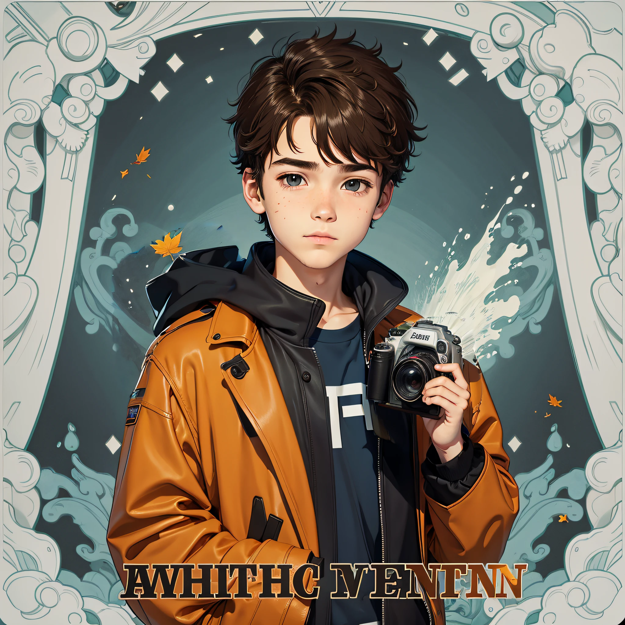 A boy in autumn clothes holds a camera in his hand,poster for,18 year old face,waterface,Cartoonish