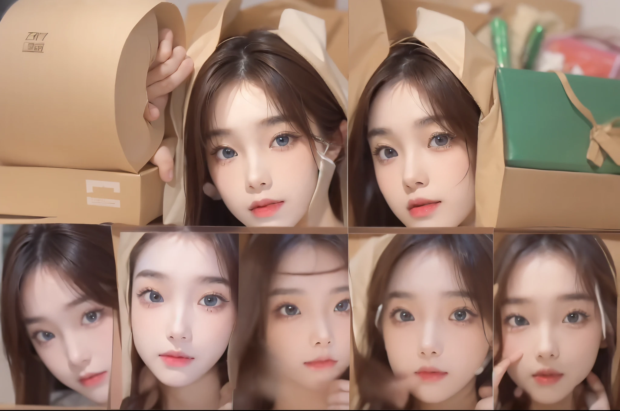 ((top-quality、8K、masterpiece:1.3))、(((1girl in)):1.3),((anatomy correct):1.45)、(Full body:1.5)、(((28 year old)))、foco nítido:1.2、(realisitic、Photorealsitic:1.37)、(brunette disheveled hair:1.3)、Beautiful Face Woman、28 year old、pointed chest、long eyeslashes、Colorcon、Big 、delicated、Very detailed eyes、Highly detailed eyebrows、(Sharp Eyebrows)、(Thin eyebrows)、very vey very detailed face、Beautiful eyes create a woman'photos at home, Surrounded by shopping paper bags, cardboard box for shipping, and lots of clothes., dependent on smartphone use.