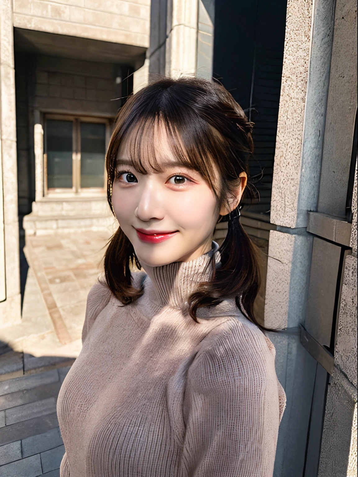 Greet with a great smile,爆乳,Short stature× babyface,Colossal tits :1.15,Best Quality,,Anatomically correct,Cinematic lighting,textured white skin,Twin tail hair,masutepiece,Solo,One lady,Best Quality,Realistic, Ultra-detailed,Brown eyes, dynamic light and shadow, High resolution, Sharp Focus, Realistic pupils,beauty detailed eye,Twinkle Eyes,Sweat,Tight turtleneck sweater,Very short miniskirt,In front of the entrance,
