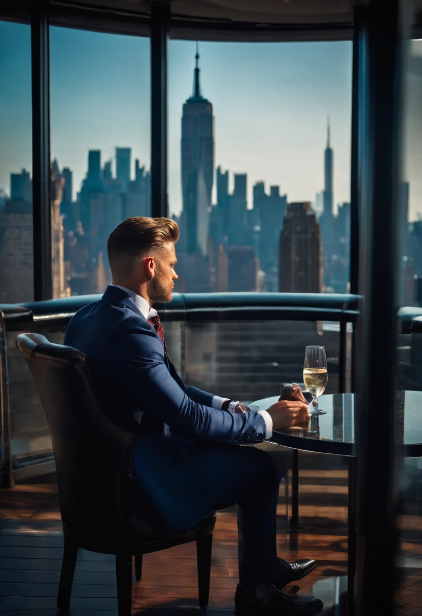 A photo of Finance Bro sitting at a VIP table in an exclusive club with a view of the Manhattan skyline in the background,original,30 years old, masculine, near comb over hair, wears a navy suit with a tie, walks around New York City