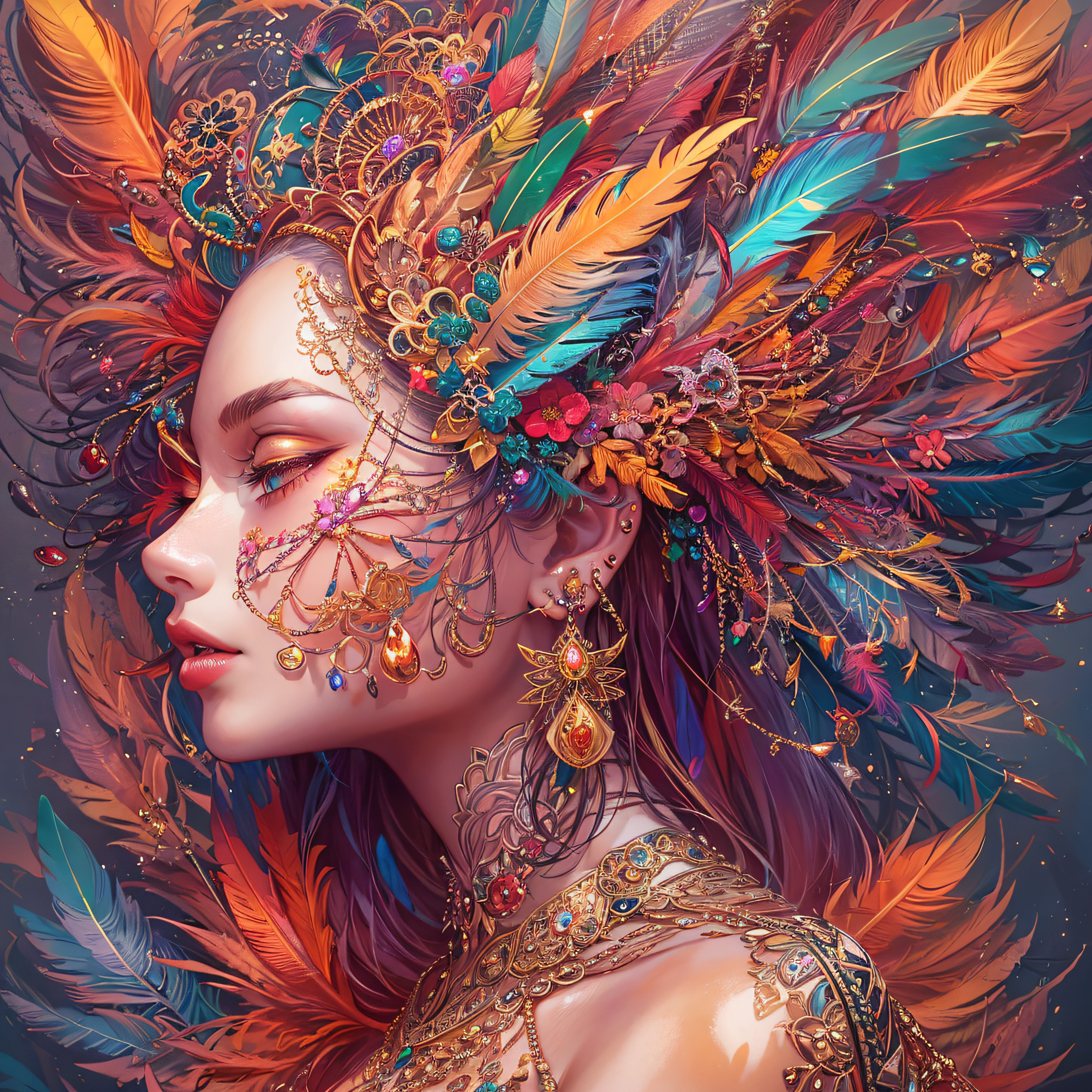 girl with,Huge breasts,off shoulders,Golden hair,Colored feathers,metal ornaments,colorful flower,Particle,Rays of Light,(masutepiece, of the highest quality, Best Quality, Official art, Beautiful and aesthetic:1.2), (1girl in:1.3), Extremely detailed,(Fractal Art:1.1),(Colorful:1.1)(Flowers:1.3),highest details,(Zentangle:1.2), (Dynamic Pose), (Abstract background:1.3), (Shiny skin), (Many colors:1.4), ,(earrings:1.4), (Feathers:1.4)