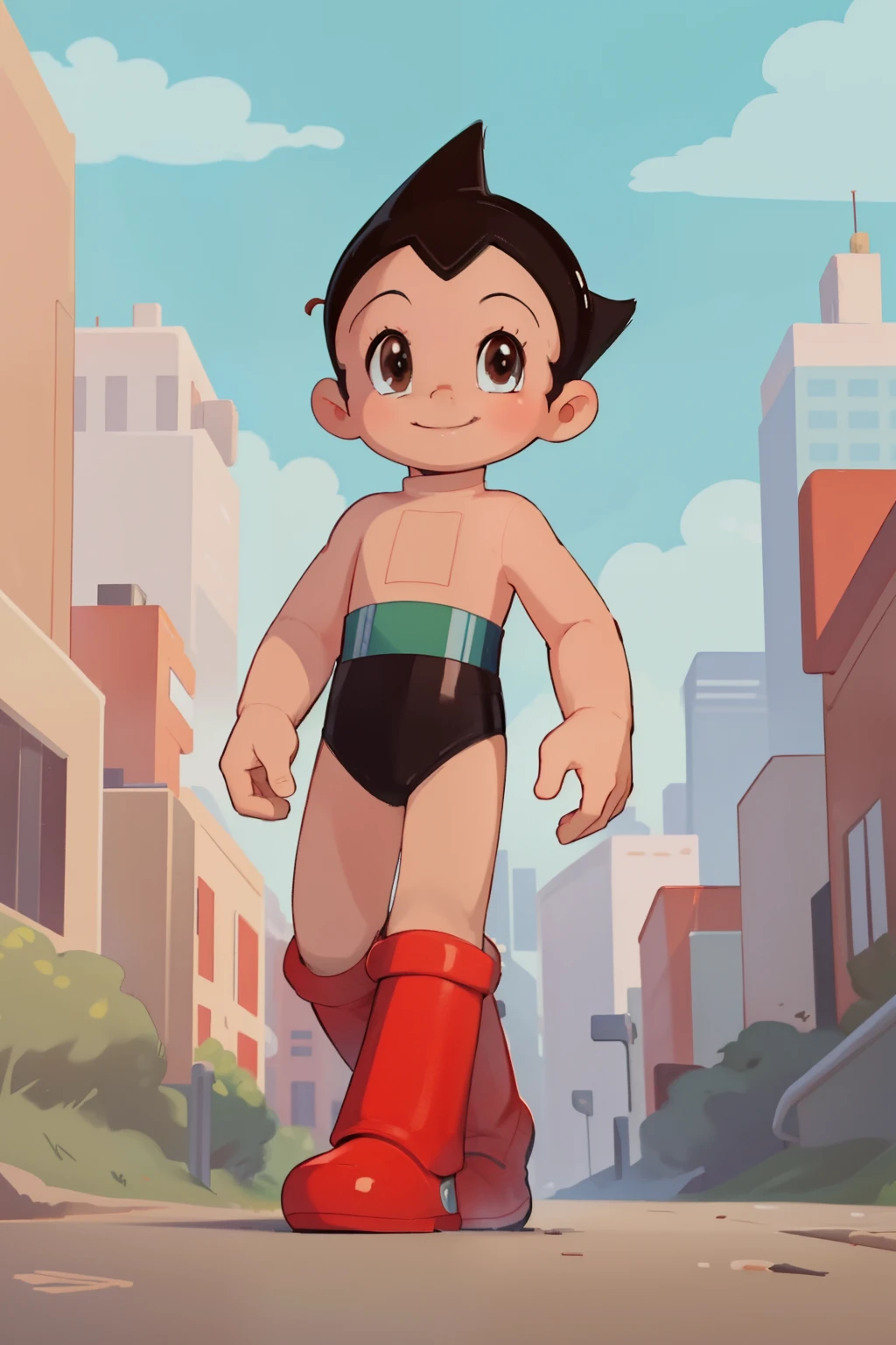 ((best quality)), ((masterpiece)), (detailed), solo, 1boy, perfect face, full body image of Astro Boy, looking out the window at metro city, brown eyes, wearing black boxers and red boots.