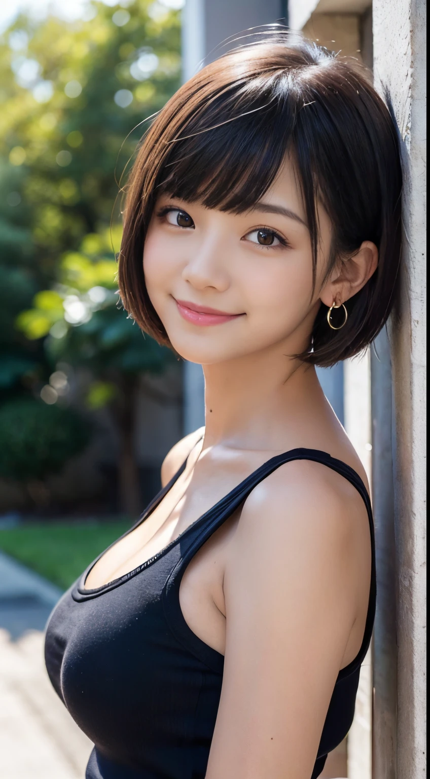 (Surrealism, natural lighting, masterpiece, super detail, anatomically correct), (smile, Look at camera:1.3), (realistic high school girl, surreal girl, , slim waist and large breasts style, short height, younger sister girl, round face, eyebrows downward, short bob cut, black hair, bangs, one earring, lively eyes, light blush, Look at viewers, affectionate cute:1.2)