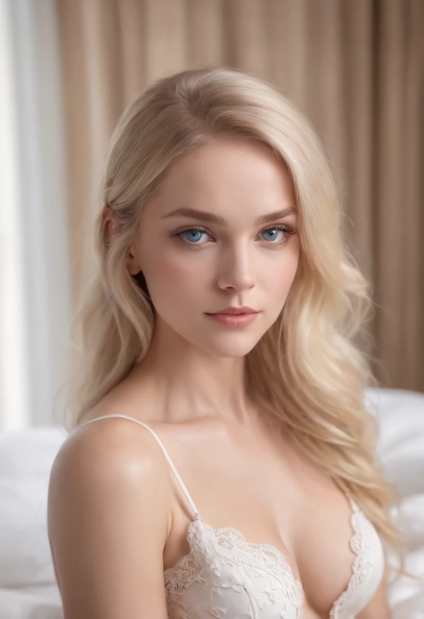 thin woman fully, sexy girl with blue eyes, ultra realistic, meticulously detailed, blonde long hair, a young woman, bedroom, natural makeup, sexy pink and brown corsette , looking directly at the camera, face with artgram, stunning full body, laying in bed, small size bust; normal butt. Showing off the breasts, anatomically correct, Wide-Angle, textured skin, 4K