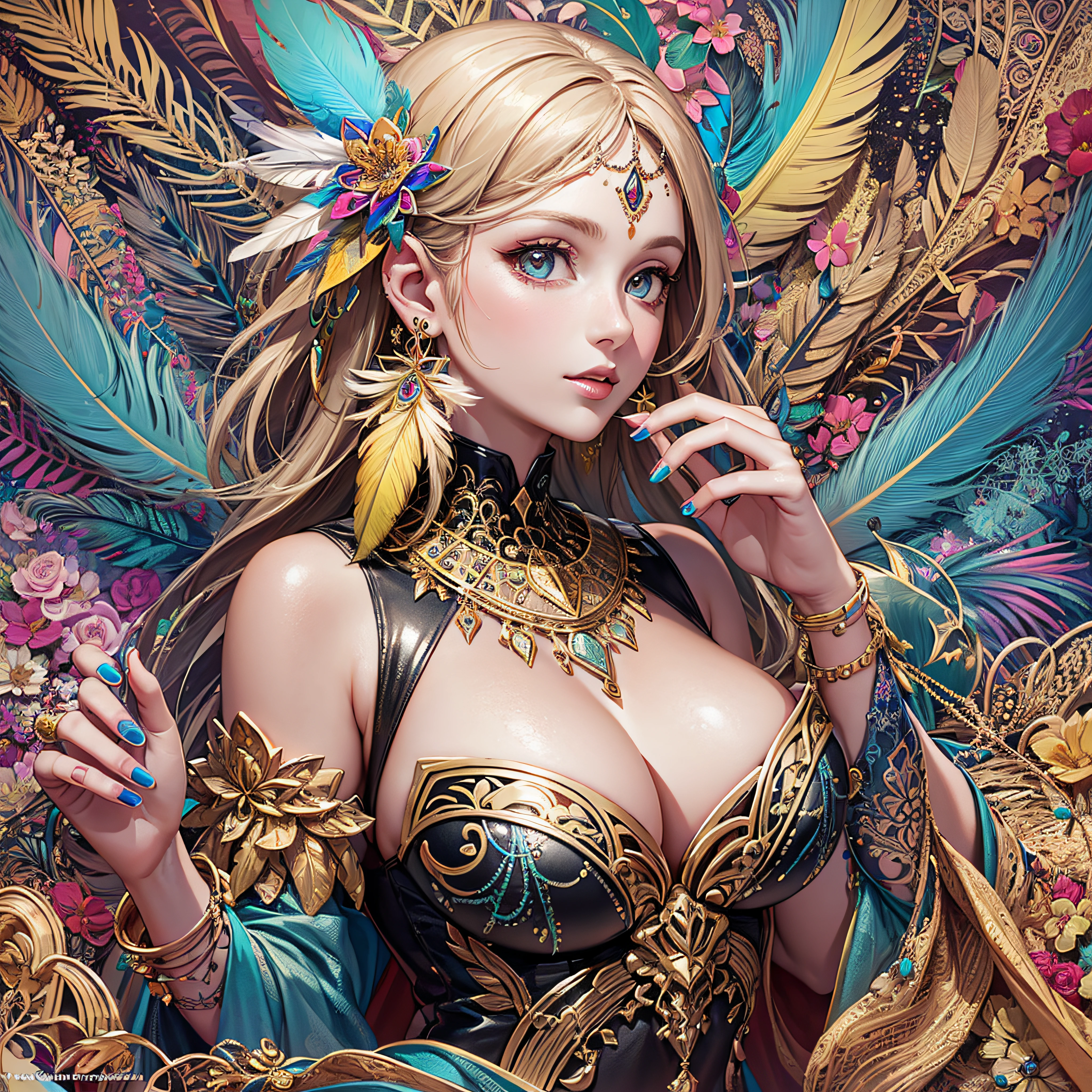 girl with,Huge breasts,off shoulders,Golden hair,Colored feathers,metal ornaments,colorful flower,Particle,Rays of Light,(masutepiece, of the highest quality, Best Quality, Official art, Beautiful and aesthetic:1.2), (1girl in:1.3), Extremely detailed,(Fractal Art:1.1),(Colorful:1.1)(Flowers:1.3),highest details,(Zentangle:1.2), (Dynamic Pose), (Abstract background:1.3), (Shiny skin), (Many colors:1.4), ,(earrings:1.4), (Feathers:1.4)