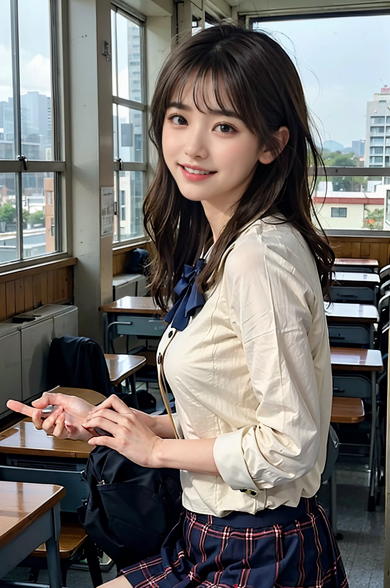 masterpiece, top-quality、Raw foto, Photorealsitic、1little girl、ar old、Junior High School Classroom、Jubilant look、sideshot、dance with your whole body、White blouses、Navy blue pleated skirt、A smile、Short bob hair、Junior High School Uniforms、unbelievable Ridiculous、depth of fields, hight resolution, ultra-detailliert, foco nítido, Cinematic lighting