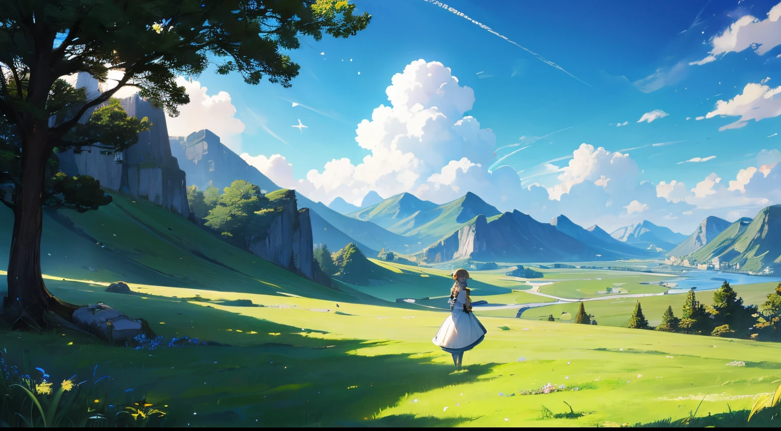 (tmasterpiece),(Best quality at best:1.0), (Ultra-high sharpness:1.0), clear blue skies, refreshing grassland,8K, Elegant light and shadow,Mountains with layers