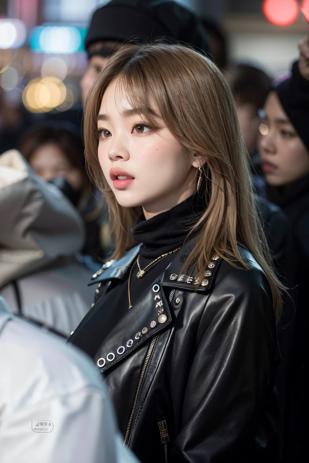 a close-up of a woman in a black jacket and a crowd, Lalisa Manoban do Blackpink, Bae Suzy, Retrato de Jossi de Blackpink, Parque Roseanne do Blackpink, jossi do blackpink, Lalisa Manobal, Portrait of female Korean idol, Dom Yunjoo, Parque Ji-min, Lee Ji - Eun, Lee Ji-eun, jennie blackpink