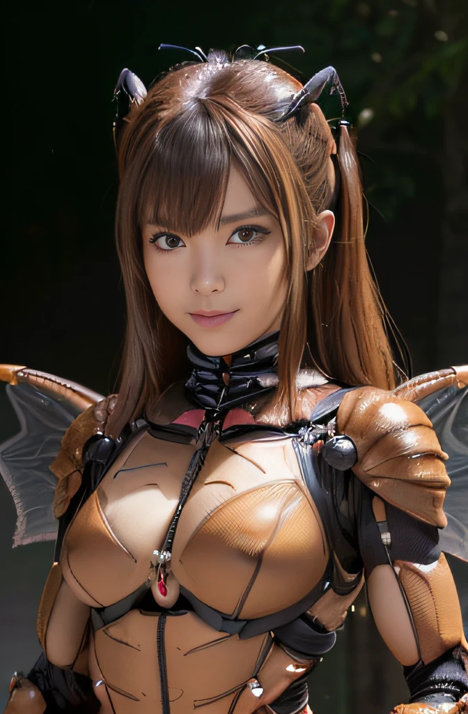 (high resolution,masterpiece,best quality,extremely detailed CG, anime, official art:1.4), realistic, photo, amazing fine details, all intricate, gloss and shiny,awesome many layers, 8k wall paper, 3d, sketch, kawaii, illustration,( solo:1.4), perfect female proportion,villainess, (fusion of dark brown cockroach and lady:1.4), (brown cockroach form lady:1.2), (brown cockroach lady:1.2), (fusion:1.2), (solo:1.4), (evil smile:1.2), muscular, abs, (cockroach brown exoskeleton bio insect suit:1.4), (cockroach brown exoskeleton bio insect armor:1.2), (brown transparency cockroach wing:1.4), (brown cockroach antennae:1.3),