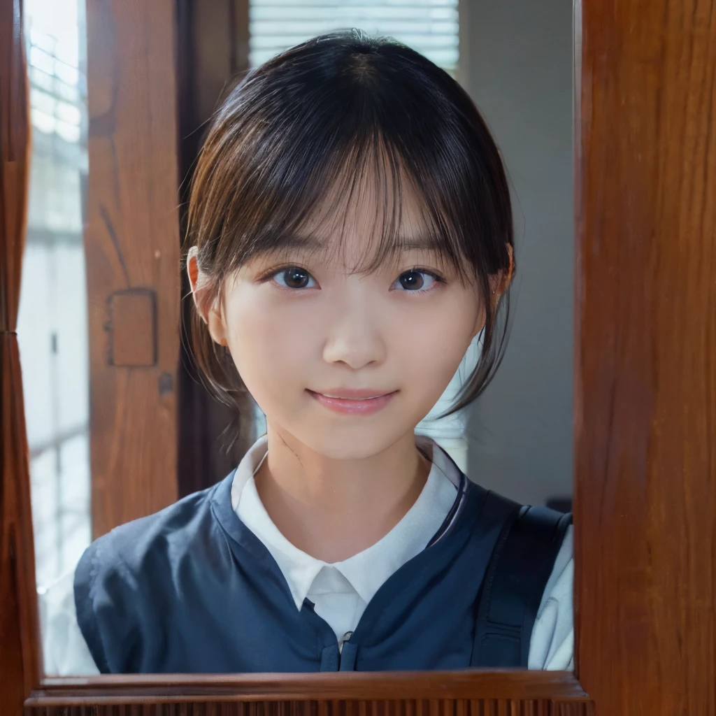 Top image quality、top-quality、​masterpiece、超A high resolution、8K、Unripe、photographrealistic:1.4、profetional lighting、cute school girl、a baby face、Bery short hair、A slender、moderately sized breasts、B Cup Bust、ssmile、Reflection of myself in the mirror、Hide your face with your phone、Smartphone in front of your face、Take a selfie in the mirror、trainingwear、Dark blue training pants、White sweatshirt with long sleeves、I'm hiding my face