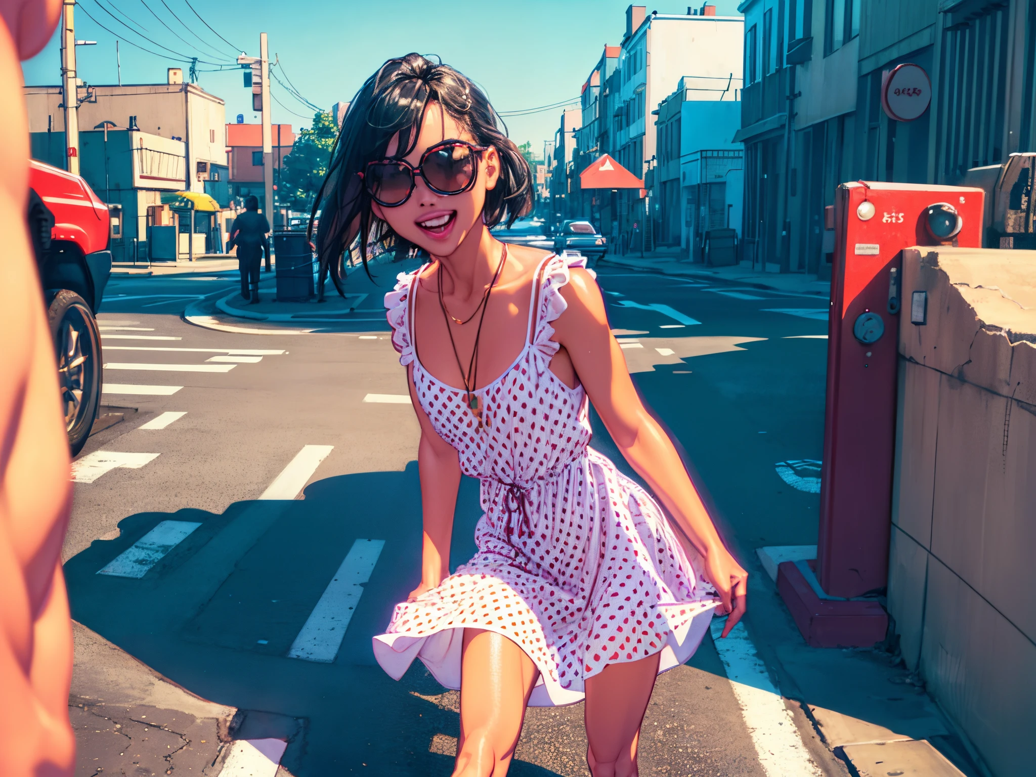 girl (cinematic angle: 1.2), streetview,(1 girl, sunglasses, summer dress),(best quality, detailed details, masterpiece, official art, movie lighting effects, 4K)