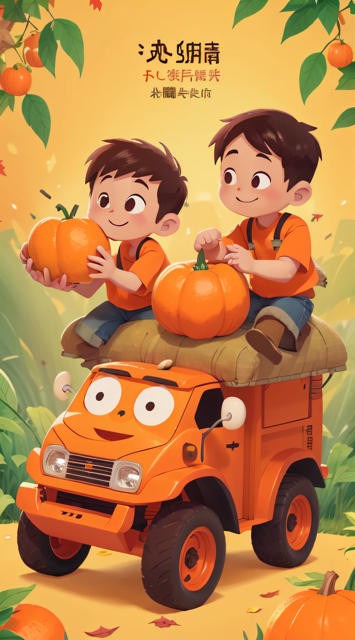 fall season,The orange,bumper harvest,"just right" in Chinese,cartoon mechanical style
