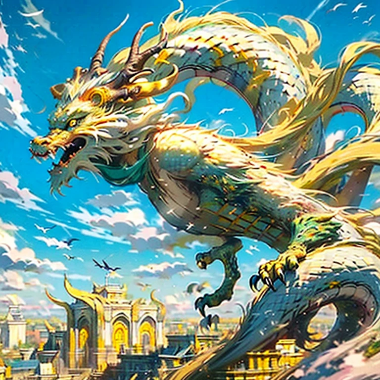 Best quality,masterpiece,ultra high res,nu no humans, (long:1.2),sky, yellow eyes, cloud, scales, eastern dragon, open mouth, sharp teeth, flying, horns, teeth, day, claws, fangs, blue sky
