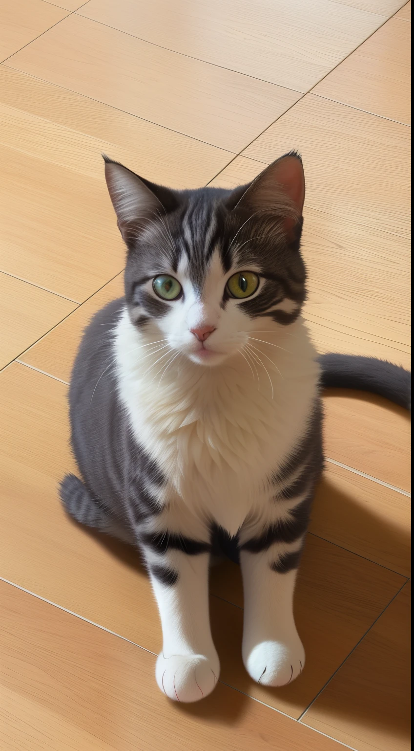 there is a cat that is sitting on the floor looking up, Cute furries need your help, looking confused, Complex!!, !!The is very detailed!!, look straight at the camera, photo of a cat, by Emma Andijewska, The is very detailed!, The is very detailed!, Sora is a cat, looking at the camera in, a handsome, Shot with Sony alpha 9, author：Tom Varnerstrand