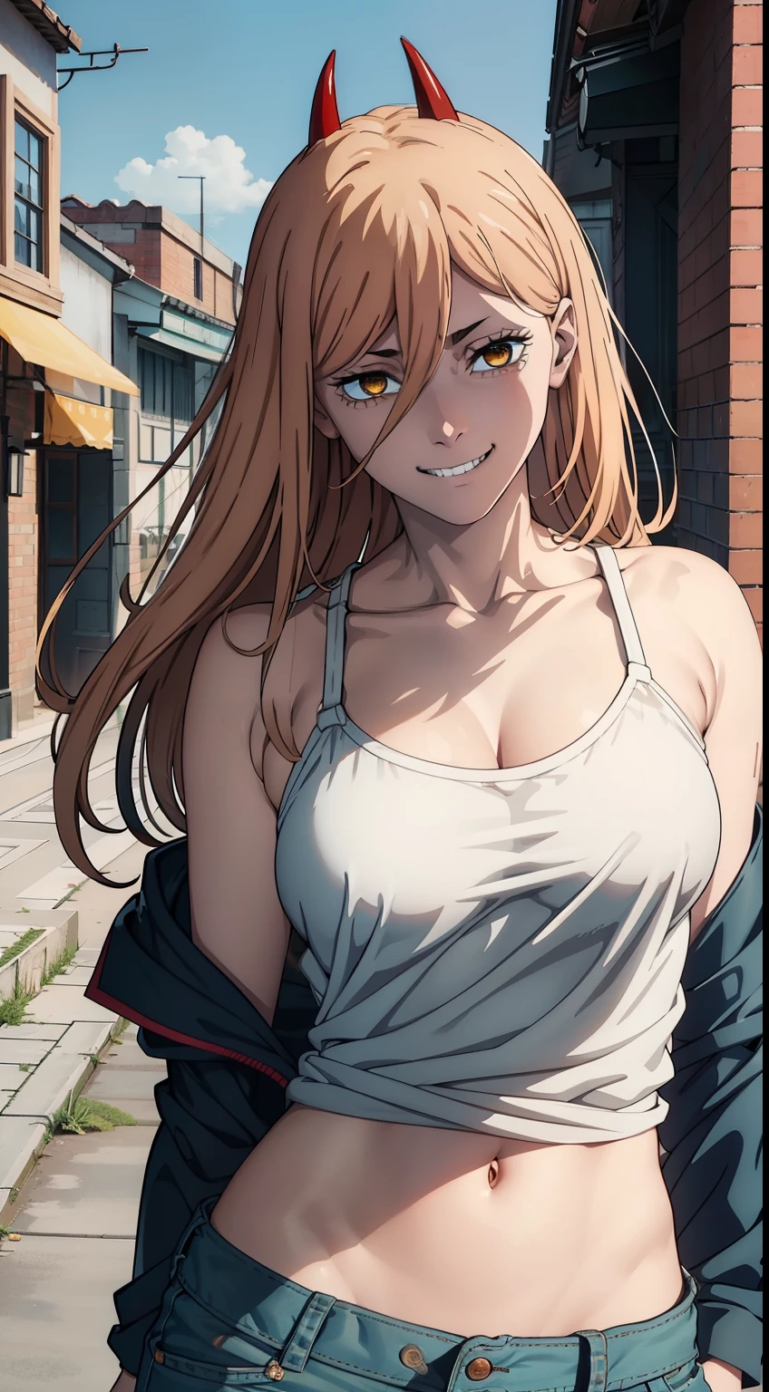 Masterpiece, Highly detailed, Best Quality, extra high resolution, 1girl, in full height (Body Full 1.1), Horns, hairlong, looking a viewer, Average Breasts,, En plein air, power (chainsaw man), hooligan, rebel, Smile, blue jacket, pants, horns demon, Yellow eyes, cross-shaped pupils, Shirt, Hair between the eyes, Black pants, (with grinning shoulders:1.3), (partially_unbuttoned:1.2), White shirt Ultra transparent, Chainsaw Man Energy, Two red sharp horns on the head, ultra sharp image, Ultra Beautiful, little chest. hairlong, blonde woman, Beautiful figure, taut clothes, T-shirt with the image of a cat, jean shorts, Shoes, bright yellow eyes, Red crosses and circles instead of pupils, handsome body, sexy clothes, Beautiful eyes, very detailed eyes, Very detailed face, handsome body, Cherecter Desing, Very detailed, Detailed body, Detailed hands, Detailed, Vibrants, Detailed Face, sharp-focus, WLOP, artgerm, anime art, Vibrants, Detailed Face, Hugh Details, sharp-focus, Very drooping face, A detailed eye, super fine illustration, better shadow, finely detail, Beautiful detail