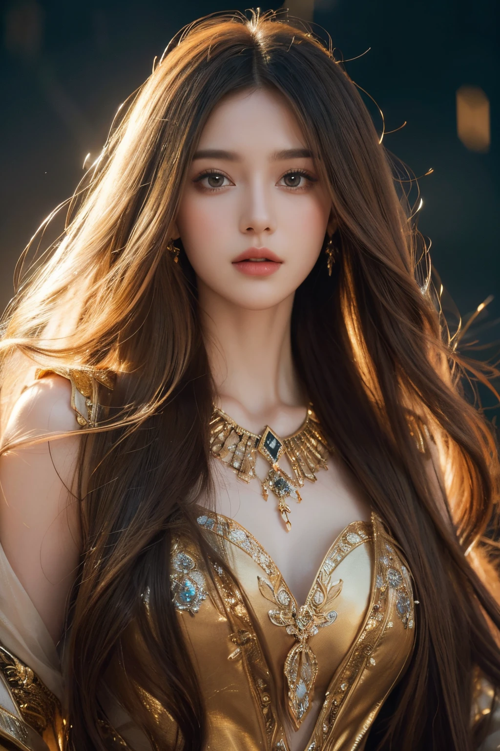 (best quality, highres), portrait, dark-winged girl, long golden hair, flowing dress, detailed eyes, delicate lips, ethereal lighting, fantasy style, vibrant colors, mystical atmosphere