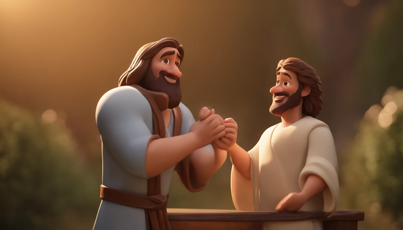a cartoon of biblical jesus hugging and welcoming a man into heaven animated film, 3 d animated movie, animated still, animated movie, inspired by Johannes Helgeson, jesus wasted at a party, animation film, animated film still, rendered in corona, epic illumination, 3 d animated, 3d animated, he is greeting you warmly Caractere estilizado, animation style rendering, 3D estilizado, Arnold Maya render, 3 d render stylized, toon render keyshot, Personagem 3D, Personagem 3D, 3d rendering stylized, 3 d character render, personagem de desenho animado, Personagem de close up, Pose de personagem, (Estilo Pixar) (master part:1.2) (Bokeh) (best quality) (pele detalhada) (textura detalhada) (8k) (argila) (Cinematic lighting) (foco nítido