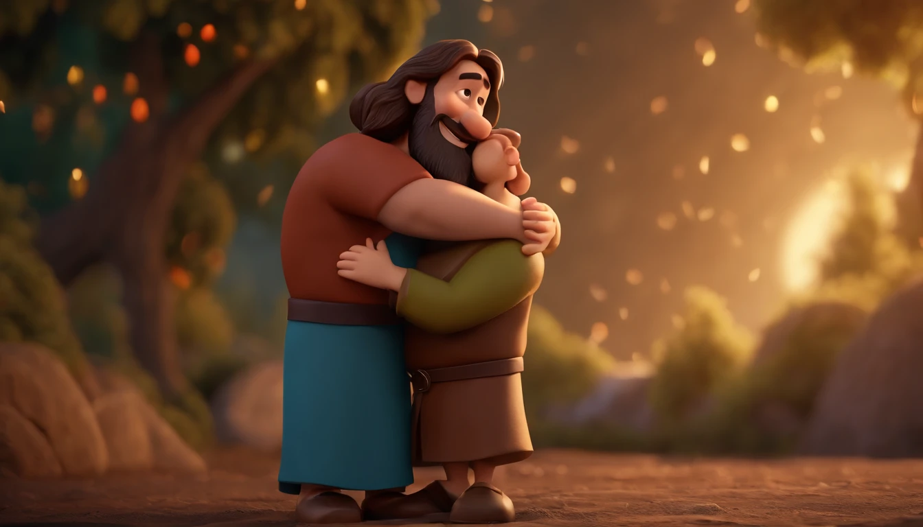 a cartoon of biblical jesus hugging and welcoming a man into heaven animated film, 3 d animated movie, animated still, animated movie, inspired by Johannes Helgeson, jesus wasted at a party, animation film, animated film still, rendered in corona, epic illumination, 3 d animated, 3d animated, he is greeting you warmly Caractere estilizado, animation style rendering, 3D estilizado, Arnold Maya render, 3 d render stylized, toon render keyshot, Personagem 3D, Personagem 3D, 3d rendering stylized, 3 d character render, personagem de desenho animado, Personagem de close up, Pose de personagem, (Estilo Pixar) (master part:1.2) (Bokeh) (best quality) (pele detalhada) (textura detalhada) (8k) (argila) (Cinematic lighting) (foco nítido